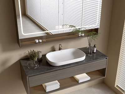 Modern Bathroom Vanity Cabinet With Mirror Countertop Vase Toiletries And Towels 3d model