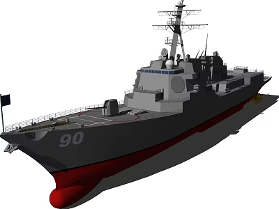 Modern Warship With Hull Number 90 Gray Hull Red Bottom Radar Antennas And Upper Structure 3d model