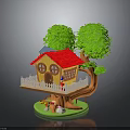 Treehouse With Red Roof Yellow Walls White Fence Surrounded By Two Trees And Base Decorations