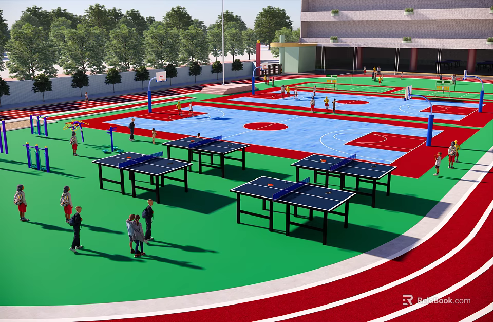 Outdoor Football Field Sports Complex With Red Green Running Track Basketball Court And Table Tennis Tables 3d model 