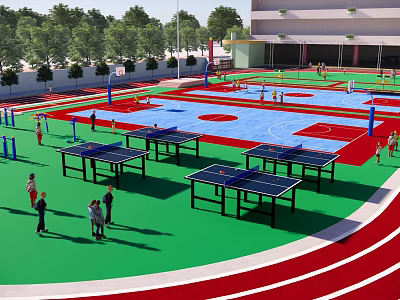 Outdoor Football Field Sports Complex With Red Green Running Track Basketball Court And Table Tennis Tables 3d model