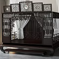 Dark Carved Chinese Style Double Bed with Openwork Screen Design and White Curtains Light Backdrop 3d model