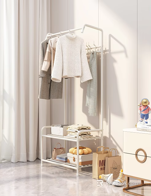Indoor Clothing Rack Featuring Hanging Sweaters Coats Folded Clothes And Storage Boxes 3d model 