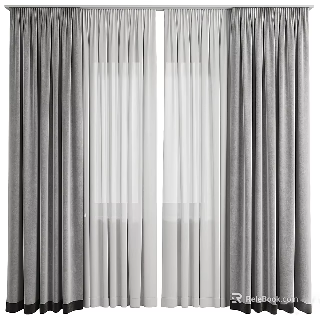 Gray Layered Curtains With Sheer Inner Panel For Modern Window Decor 3d model 