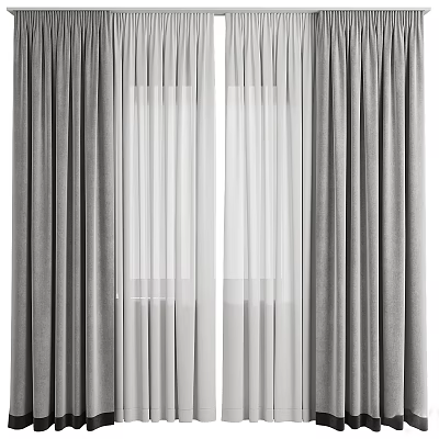 Gray Layered Curtains With Sheer Inner Panel For Modern Window Decor 3d model