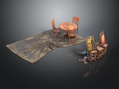Wooden Round Dining Table With Two Chairs And Bar Counter On Rug 3d model