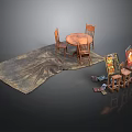 Wooden Round Dining Table With Two Chairs And Bar Counter On Rug