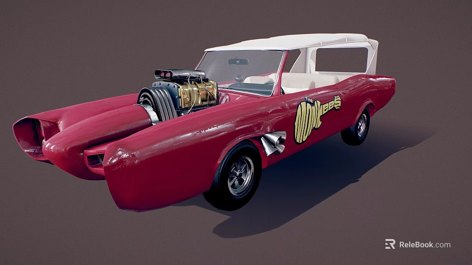 Custom Red Vintage Car With Exposed Engine White Roof And Moon Eye Logo 3d model 