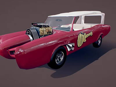 Custom Red Vintage Car With Exposed Engine White Roof And Moon Eye Logo 3d model
