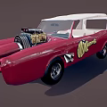 Custom Red Vintage Car With Exposed Engine White Roof And Moon Eye Logo