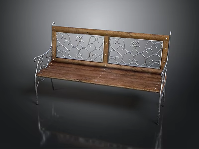 Classic Wooden Bench Featuring Intricate Iron Scroll Backrest And Solid Wood Seat 3d model