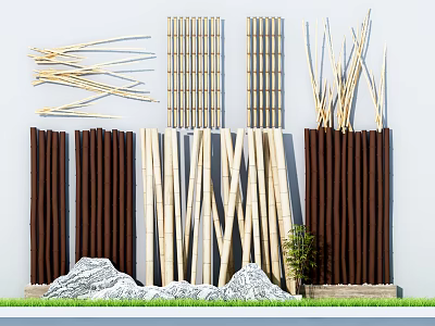 Bamboo Fence Screen And Strip Designs With Stones Small Plant And Grass 3d model Bamboo Fence Screen And Strip Designs With Stones Small Plant And Grass 3d model