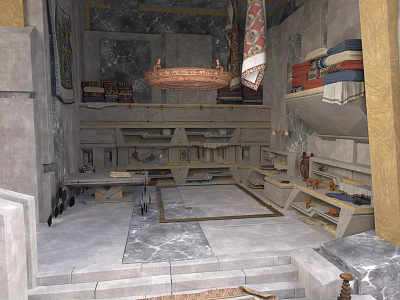 Ancient Stone Room Interior With Shelves Crates Carpets Stone Floor And Chandelier 3d model
