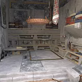 Ancient Stone Room Interior With Shelves Crates Carpets Stone Floor And Chandelier