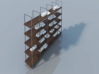 Modern Swing Door Display Shelf With Wooden Shelves And Metal Frame Holding White Items 3d model