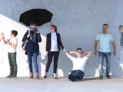 Group of People Standing Sitting Against Gray Wall and Light Ground One Holding Black Umbrella 3d model