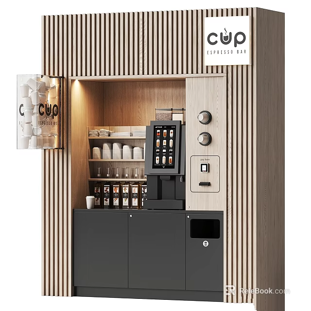 Commercial Coffee Bar Equipment with Wooden Design Black Cabinets Coffee Machine and Cup Storage 3d model 