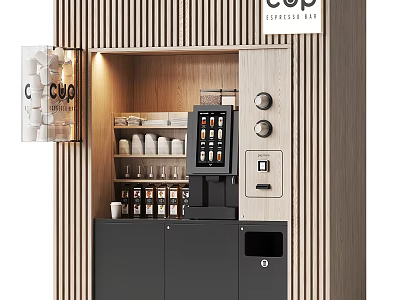 Commercial Coffee Bar Equipment with Wooden Design Black Cabinets Coffee Machine and Cup Storage 3d model