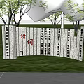 Outdoor White Scenic Wall With Red Poetry Characters And Green Grass Trees