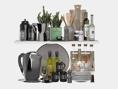 Complete Kitchen Tool Set With Coffee Maker Kettle Cutting Board Plates And Olive Oil Bottles 3d model