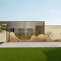 Modern Landscape Wall With Wooden Slats And Wavy Design In Garden
