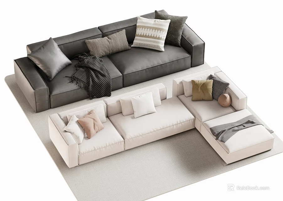 Double Sofa in Gray and Beige with Modular Design Throw Pillows and Blankets 3d model 