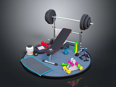 Home Gym Fitness Equipment Set With Barbell Bench Press Dumbbells Yoga Mat And Protein Container 3d model