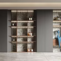 Elegant Modern Interior With Open Shelf Decorative Cabinet Patterned Background Wine Bottles And Glasses