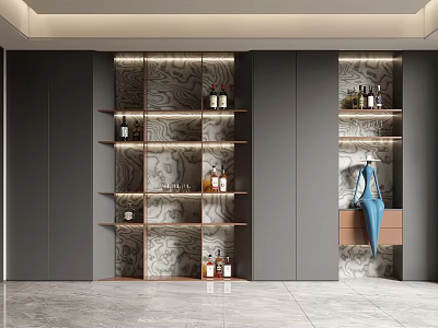 Elegant Modern Interior With Open Shelf Decorative Cabinet Patterned Background Wine Bottles And Glasses 3d model
