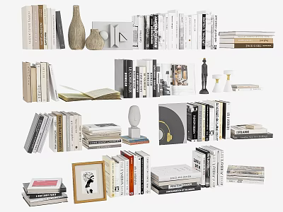 Stylish Books And Magazines Collection Display With Open Book Vase And Sculpture 3d model