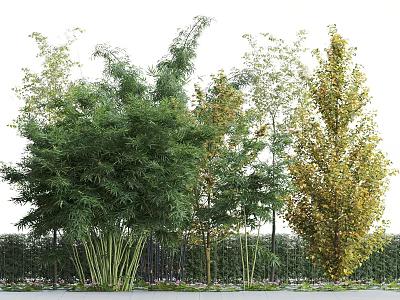 Lush Green Bamboo Plants With Various Trees In Garden Landscape Along Fence And Flowers 3d model