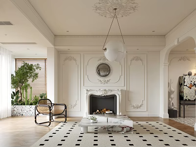 Elegant Living Room Interior Design With White Paneled Walls Fireplace Chandelier And Marble Coffee Table 3d model