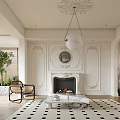 Elegant Living Room Interior Design With White Paneled Walls Fireplace Chandelier And Marble Coffee Table