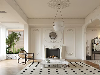 French Living Room Home Living Room Combination Wooden Leisure Chair Coffee Table Decoration Combination Chandelier Wall Plaster Line Fireplace 3d model