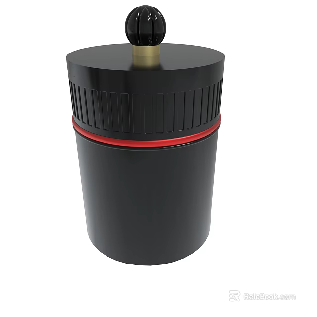 Black Cylindrical Container With Gold Brush Top And Red Accent Ring 3d model 