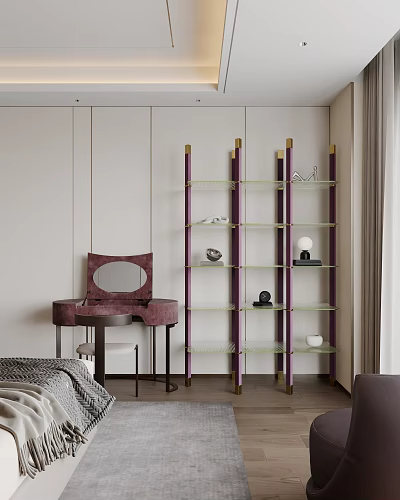 Elegant Modern Decorative Cabinet With Purple Frame Glass Shelves And Dressing Table In Bedroom 3d model