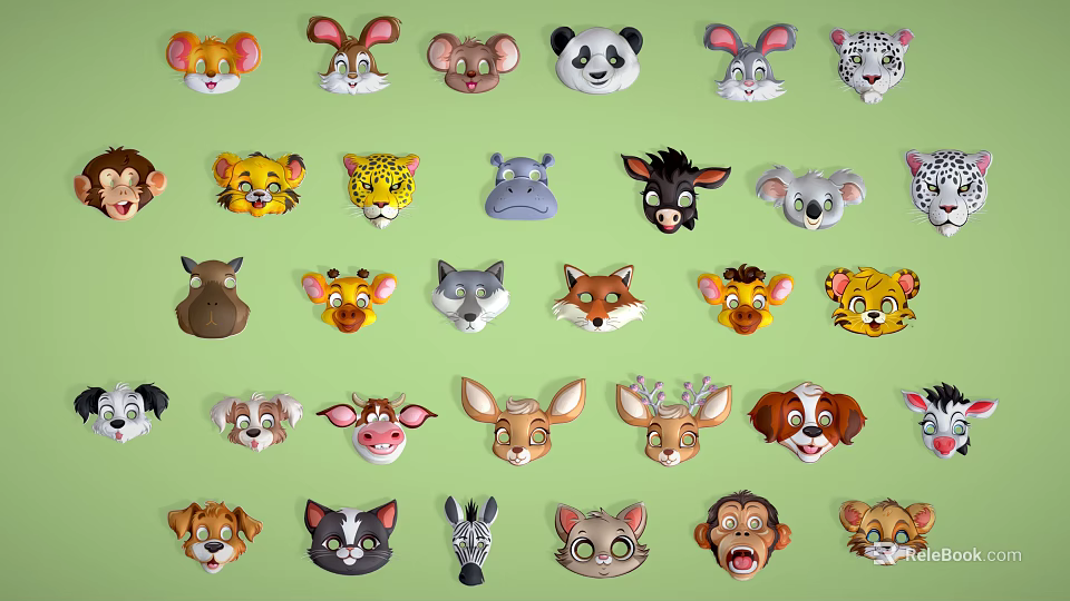 Colorful Cartoon Animal Heads Collection with Various Animals on Green Background 3d model 