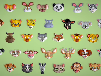 Colorful Cartoon Animal Heads Collection with Various Animals on Green Background 3d model