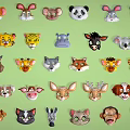 Colorful Cartoon Animal Heads Collection with Various Animals on Green Background