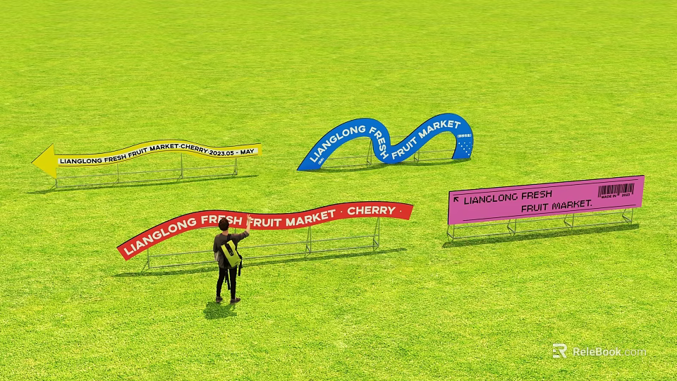 Liangloong Fresh Fruit Market Cherry Photo Spot With Colorful Banners On Green Grassland 3d model 