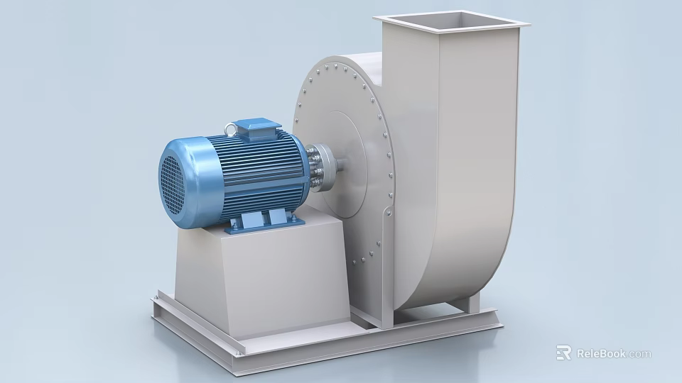Industrial Centrifugal Fan Equipment With Blue Electric Motor And Metal Base 3d model 