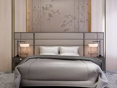 Modern Double Bed With Gray Upholstered Headboard Floral Patterned Backdrop Side Tables And Lamps 3d model