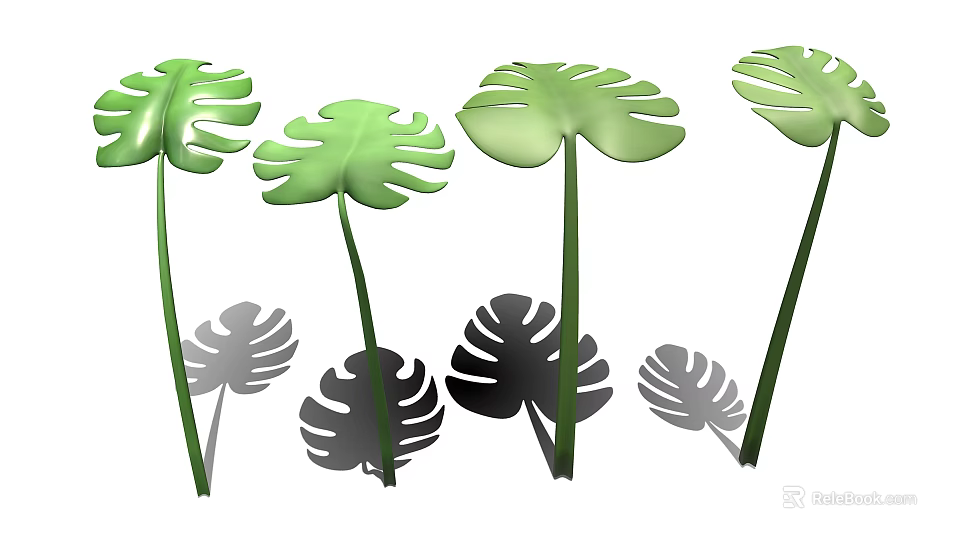 Set Of Green Monstera Leaves With Decorative Shadows In Natural Light 3d model 