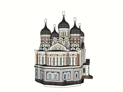 Historic Church Structure Featuring Multiple Black Domes White Spires And Arched Windows 3d model