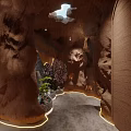 Cave Style Hotel Corridor With Rock Walls Illumination Central Landscape Rockery And Cherry Blossom Tree
