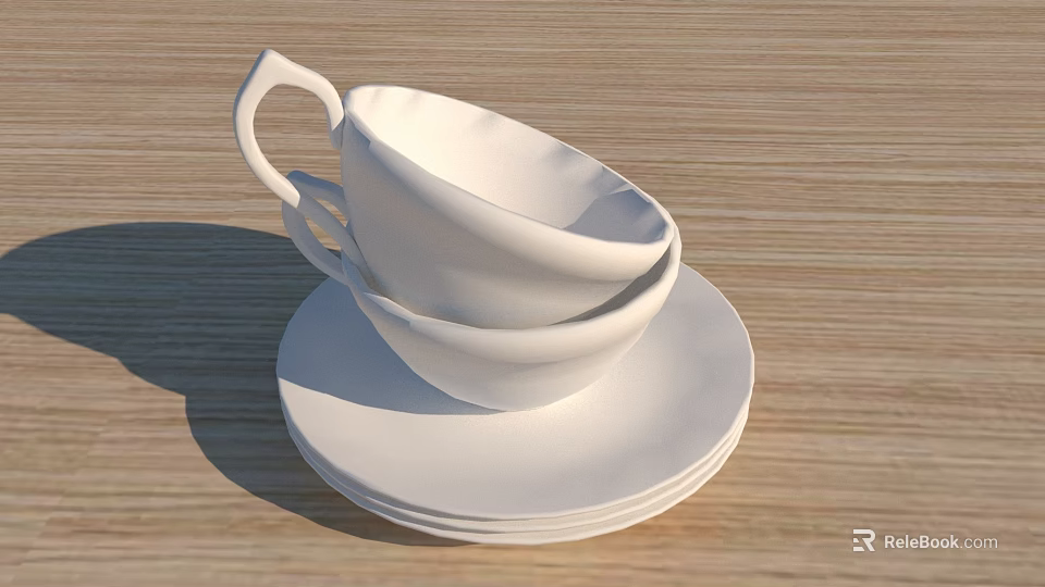White Ceramic Cup And Saucer Stacked On Wooden Table Surface 3d model