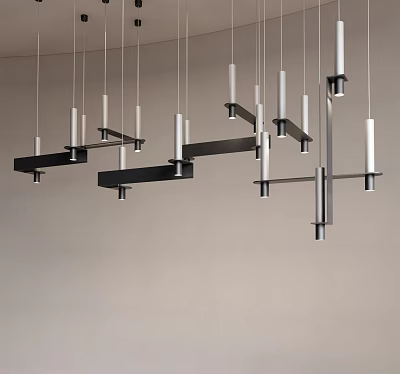 Modern Linear Chandelier With Black Metal Crossbars And White Pendant Lamps Hanging 3d model