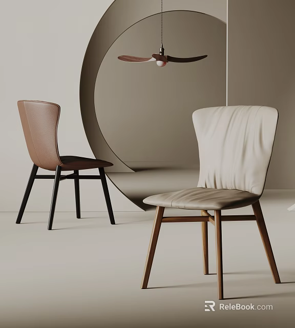 Modern Brown And Beige Leather Dining Chairs With Wooden Legs Design 3d model 