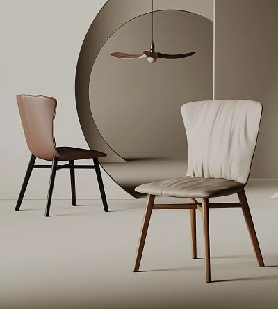 Modern Brown And Beige Leather Dining Chairs With Wooden Legs Design 3d model