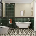 Stylish Bathroom Interior With Green Tiles Geometric Floor Pattern Bathtub Toilet And Double Sinks